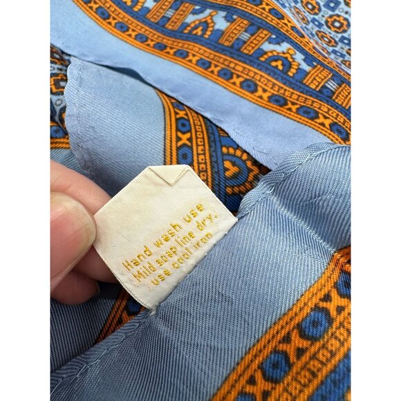 Vintage Scarf Glentex Japan Blue Orange Geometric Square Wrap Accessory 1970s - Picture 6 of 9